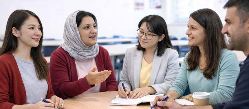 Diverse adult newcomers learning English together in a LINC classroom discussion in Canada.