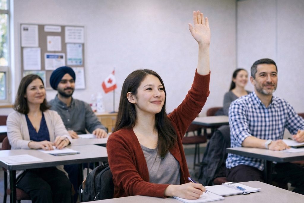 Newcomer student raising hand in a LINC English class in Canada with diverse adult learners.