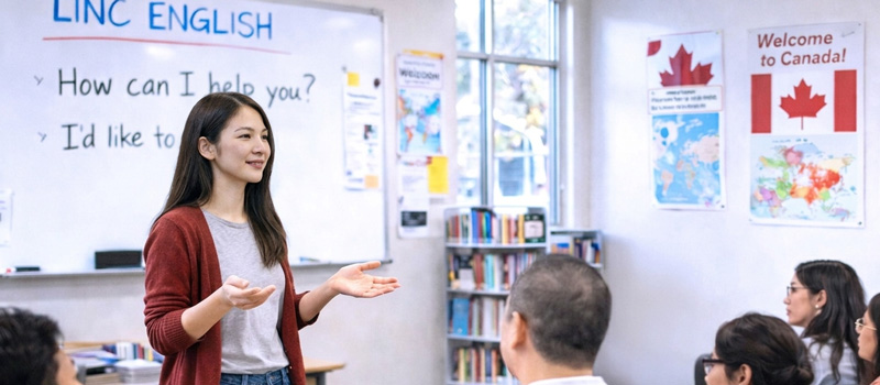 Adult newcomer student giving a presentation in a LINC English class with classmates listening