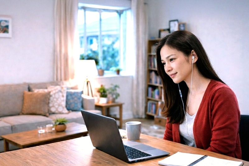 Newcomer learning English online from home using a laptop for LINC classes.
